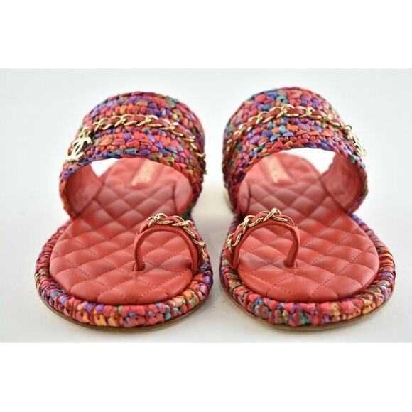 Chanel 20S Red Blue Purple Raffia Tweed CC Logo Mule Slide Strap Flat Sandal 36 - Picture 6 of 12